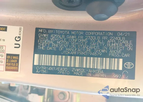 2021 Toyota Prius Prime Xle z USA, uszkodzony, nr VIN JTDKAMFPXM3194879